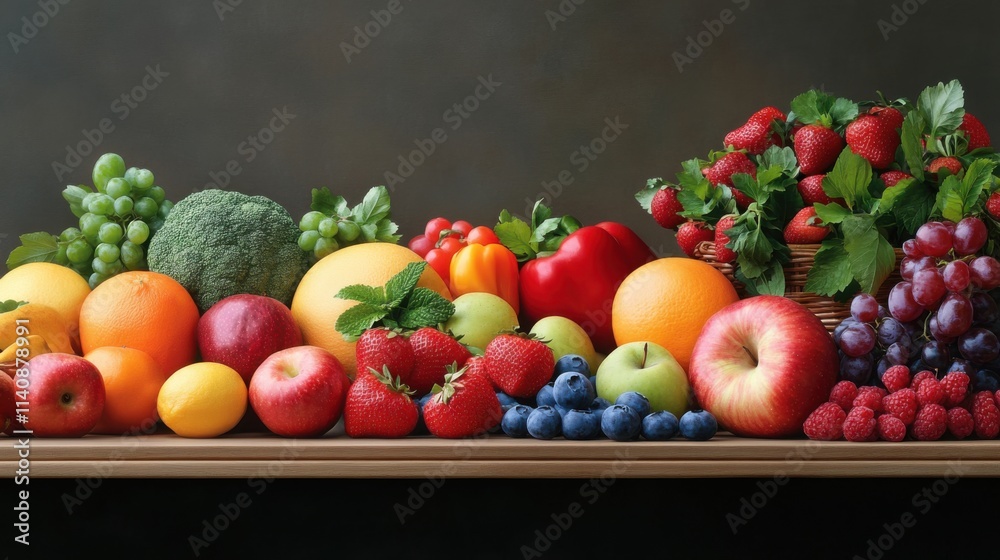 Fresh Colorful Variety of Fruits and Vegetables Displayed on a Wooden Table Against a Dark Background Fresh Colorful Variety of Fruits and Vegetables Displayed on a Wooden Table Against a Dark Background