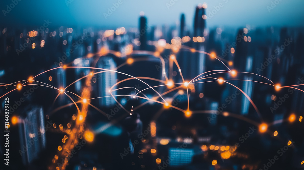 Fototapeta premium Abstract businessman stands on the peak of success Smart digital city with connection cyber security network reciprocity over the cityscape future wireless digital city and social media networking