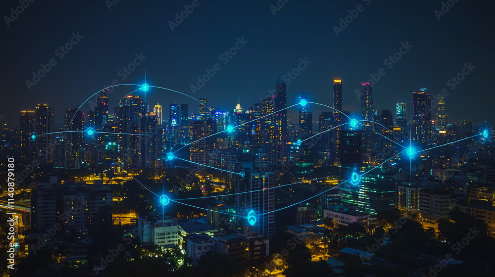 Abstract businessman stands on the peak of success Smart digital city with connection cyber security network reciprocity over the cityscape future wireless digital city and social media networking Abstract businessman stands on the peak of success Smart digital city with connection cyber security network reciprocity over the cityscape future wireless digital city and social media networking
