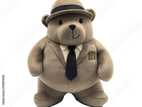 a stuffed bear wearing a suit and tie