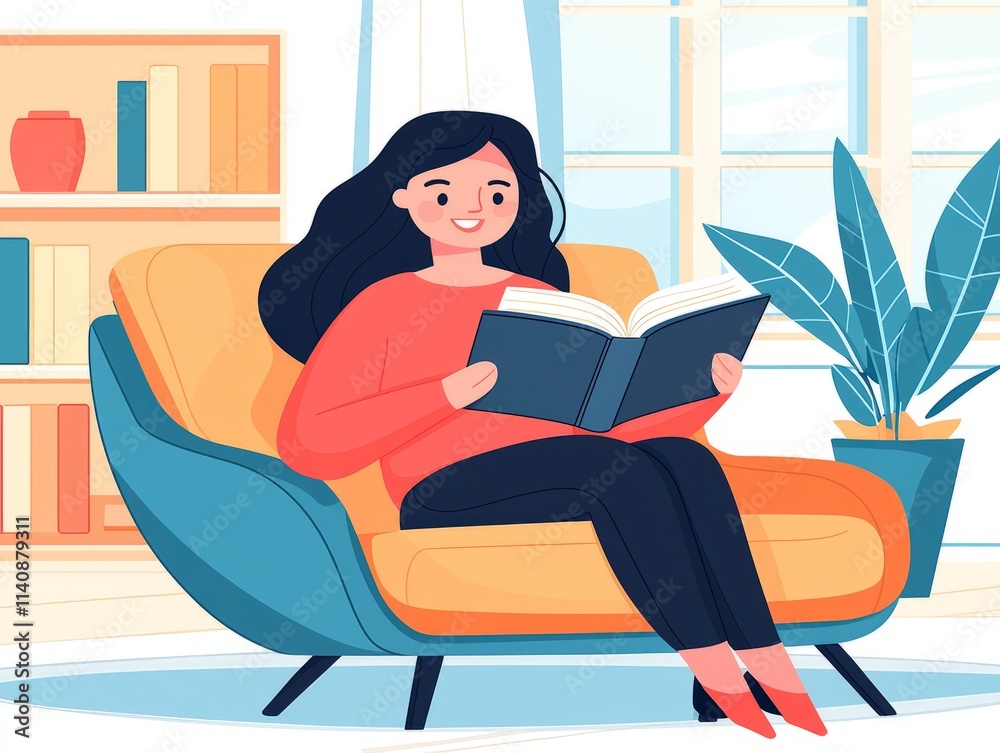 A woman reading a book in a cozy living room setting. A woman reading a book in a cozy living room setting.