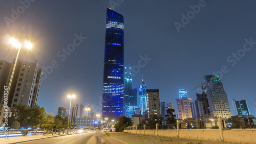 Tallest building in Kuwait City timelapse hyperlapse - the Al Hamra Tower at dusk. Kuwait City, Middle East photo