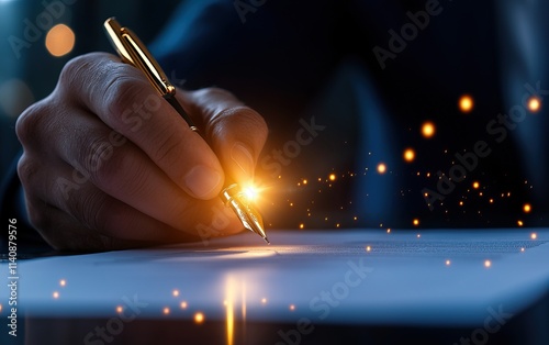 A close-up of a hand holding a pen, writing on a surface, with a soft glow and sparkles, symbolizing creativity and inspiration.