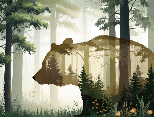 Silhouette of a Bear with a Forest Landscape in Artistic Double Exposure