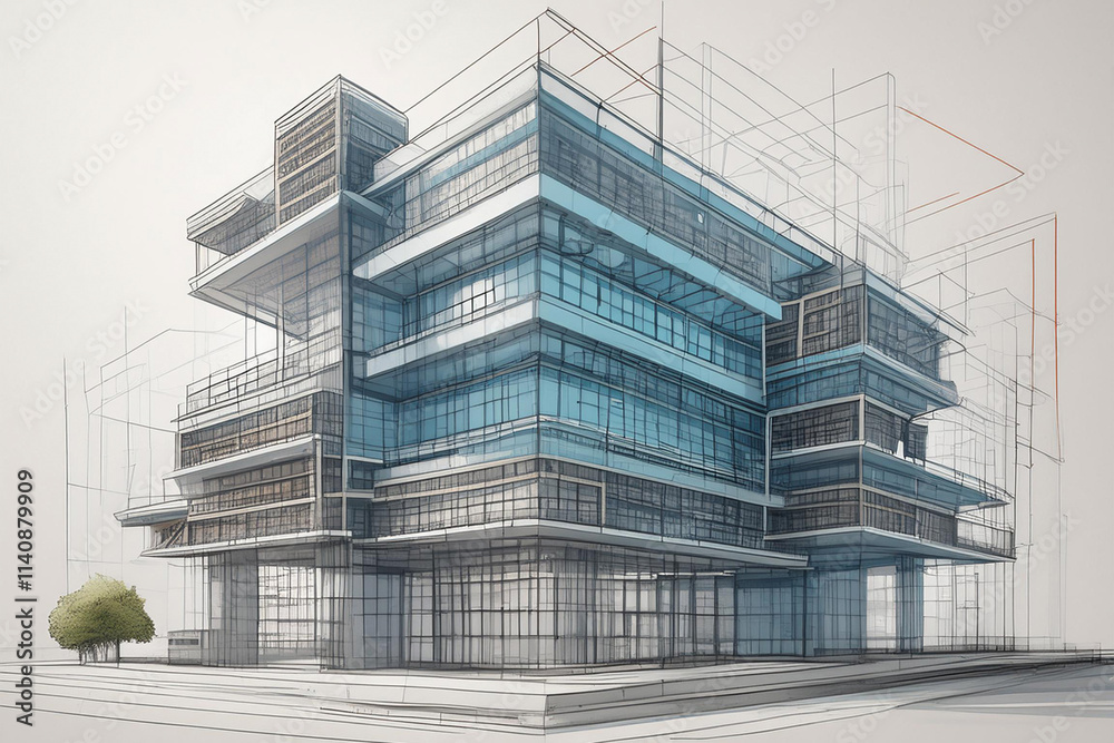 Architectural Concept Sketch of Modern Building. Abstract sketch of a modern multi-level structure suggesting pre-construction design phase. Architectural Concept Sketch of Modern Building. Abstract sketch of a modern multi-level structure suggesting pre-construction design phase.