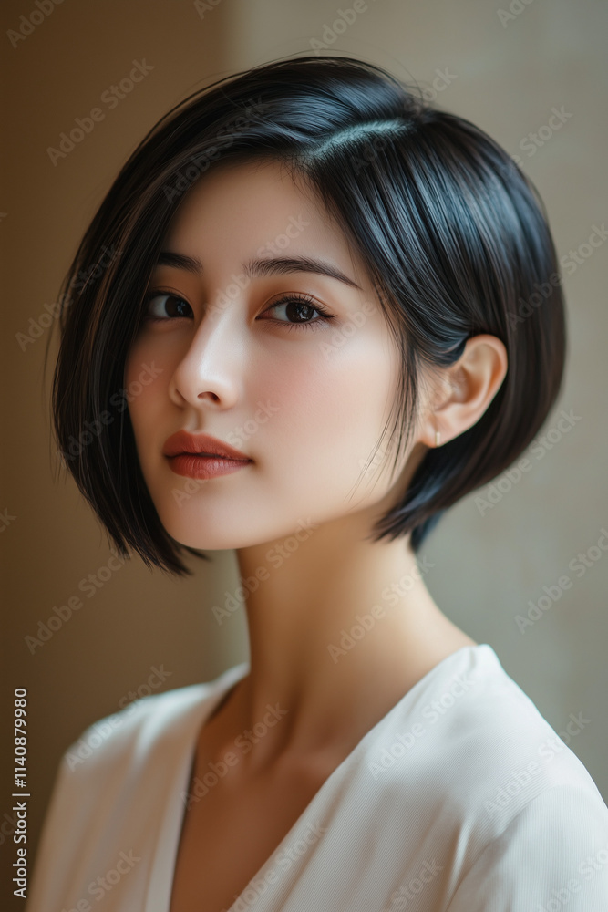 Naklejka premium Portrait of an Asian woman with short black hair.