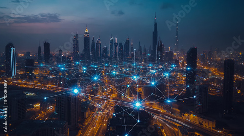 Wallpaper Mural Abstract businessman stands on the peak of success Smart digital city with connection cyber security network reciprocity over the cityscape future wireless digital city and social media networking Torontodigital.ca