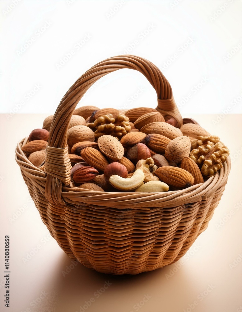 A wicker basket overflowing with a mix of various nuts. A wicker basket overflowing with a mix of various nuts.