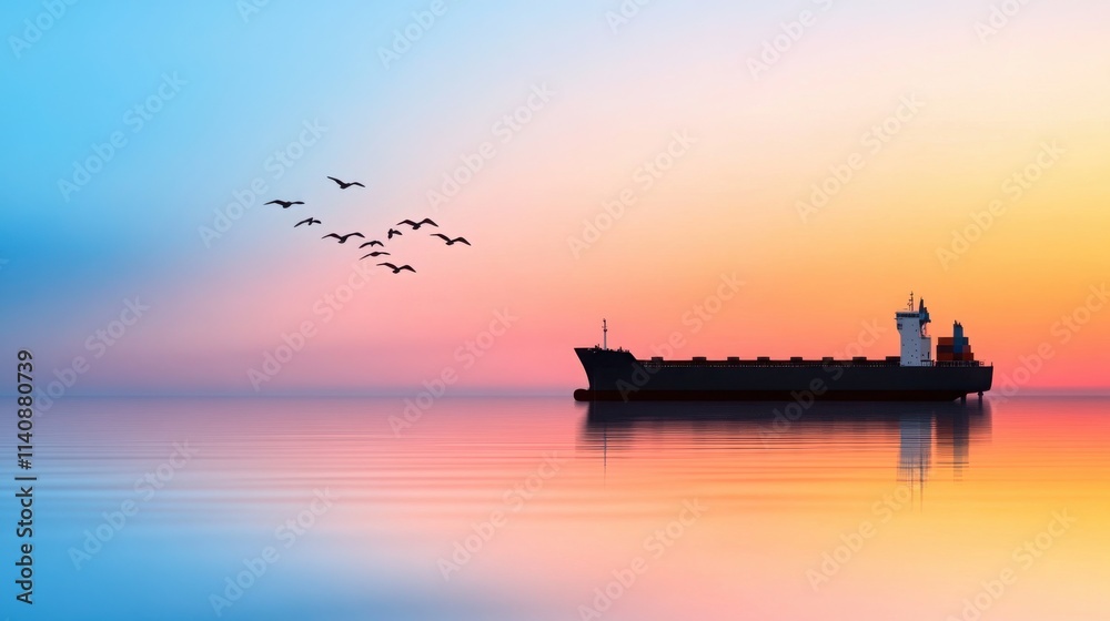 Obraz premium a cargo ship silhouetted against a vibrant sunset, with seagulls flying around and calm waves