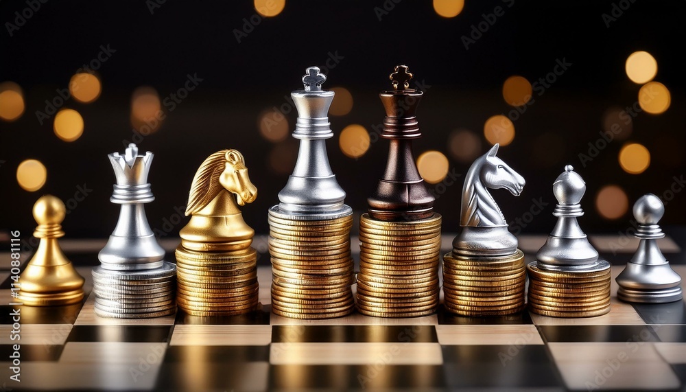 Chess pieces on stacks of coins, a game of strategy and finance. Chess pieces on stacks of coins, a game of strategy and finance.