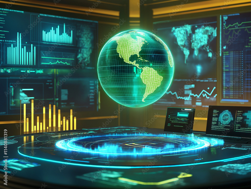 Globale Datenanalyse: Futuristisches Kontrollzentrum mit Weltkarte

