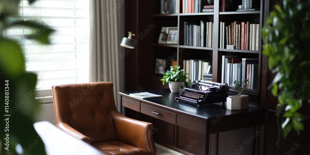 An inviting reading space with a leather chair, typewriter, plants, and shelves filled with numerous books. An inviting reading space with a leather chair, typewriter, plants, and shelves filled with numerous books.