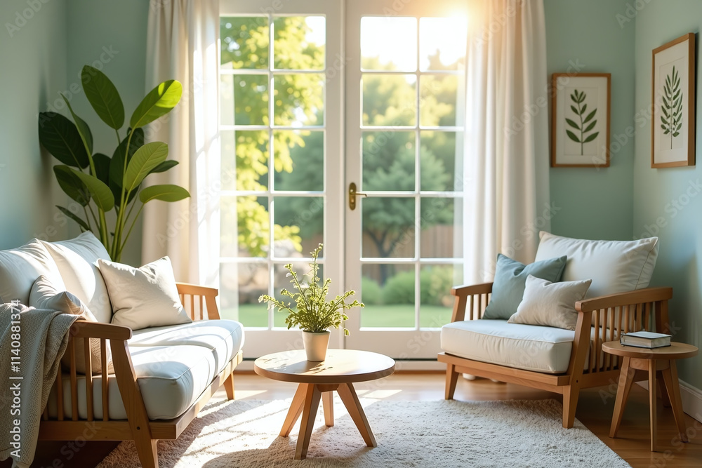 Fototapeta premium soft fabrics calming colors create peaceful retreat gentle breezes working air conditioner warm summer day