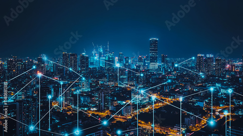 Wallpaper Mural Smart digital city with connection cyber security network reciprocity over the cityscape . future smart wireless digital city and social media networking systems that connects people within the city Torontodigital.ca