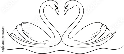 Couple swans line art style vector illustration. Couple of romantic birds for wedding invitation design