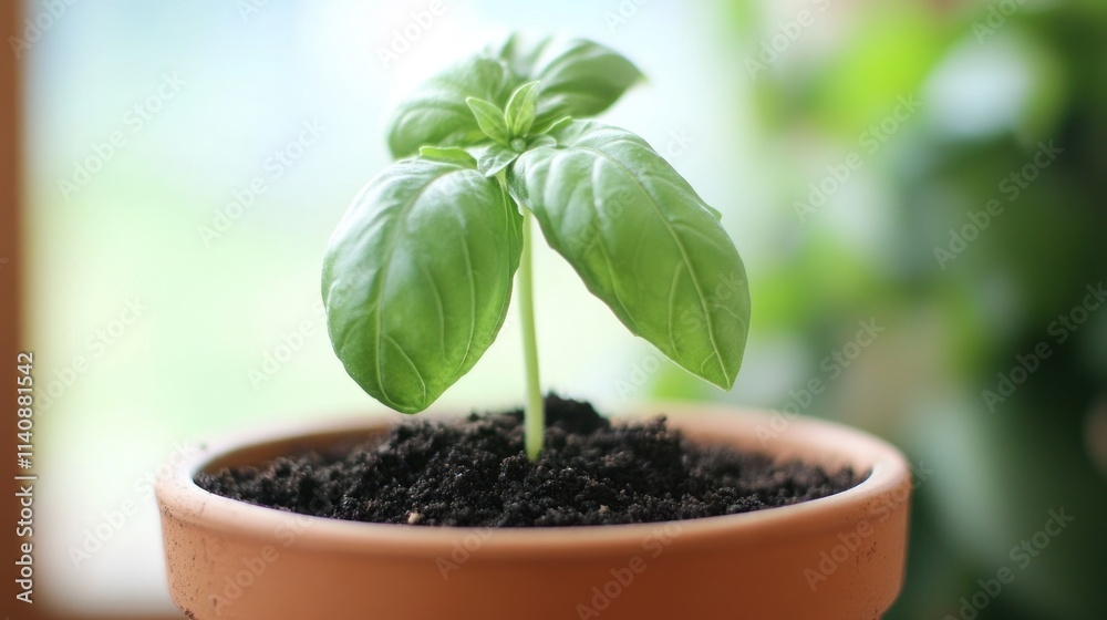 A Basil Sprout in a Terracotta Pot A Basil Sprout in a Terracotta Pot