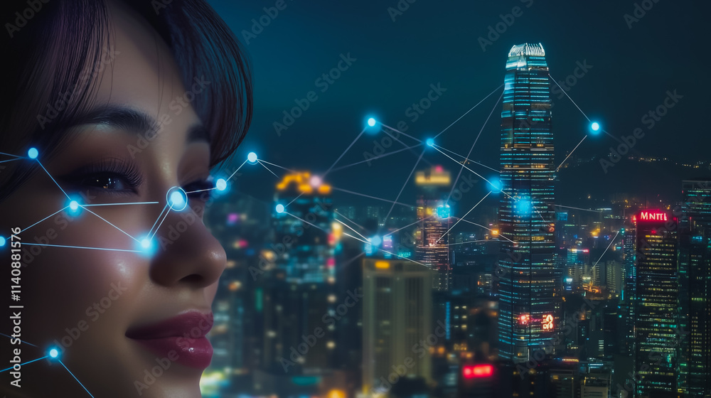Fototapeta premium Smart digital city with connection cyber security network reciprocity over the cityscape . future smart wireless digital city and social media networking systems that connects people within the city