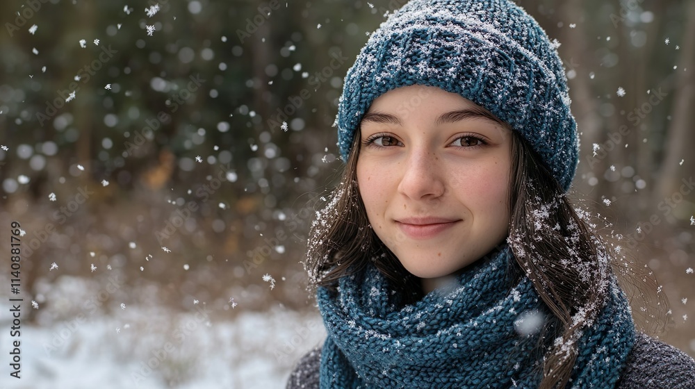 Winter portrait of a young woman in snow with knitted hat and scarf Winter portrait of a young woman in snow with knitted hat and scarf