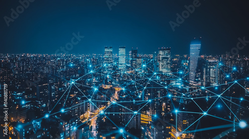 Wallpaper Mural Smart digital city with connection cyber security network reciprocity over the cityscape . future smart wireless digital city and social media networking systems that connects people within the city Torontodigital.ca