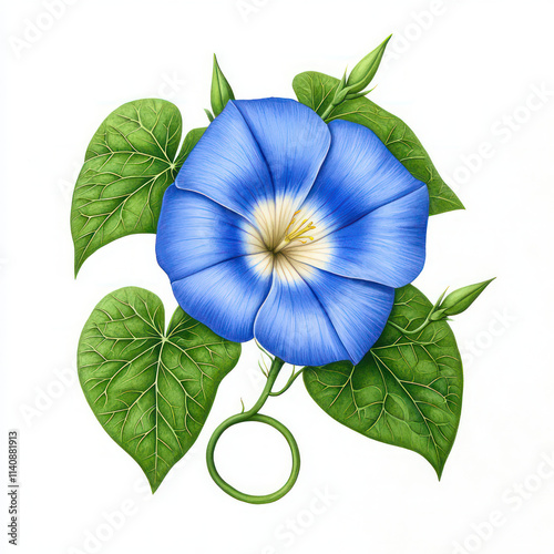 vibrant blue morning glory flower with lush green leaves, showcasing intricate details and natural beauty