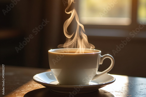 steam rises morning cup containing coffee vapors shaped like photo