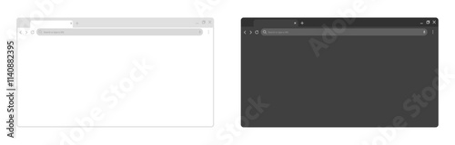 Blank web browser window: Mockup featuring a tab, toolbar, and search field in light and dark modes, suitable for computer, tablet, and smartphone displays. Flat-style vector illustration.