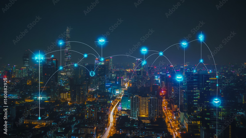 Smart digital city with connection cyber security network reciprocity over the cityscape . future smart wireless digital city and social media networking systems that connects people within the city Smart digital city with connection cyber security network reciprocity over the cityscape . future smart wireless digital city and social media networking systems that connects people within the city