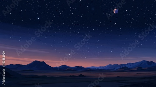 Mars surface, alien planet landscape. Night space game background with ground, mountains, stars, Saturn and Earth in sky. Vector cartoon fantastic illustration of cosmos and dark martian surface photo