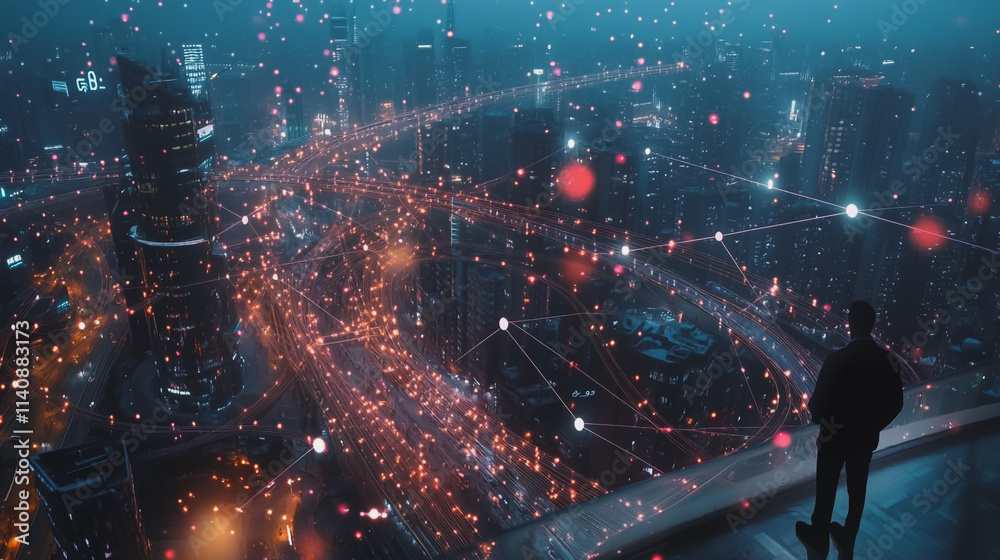 Abstract businessman stands on the peak of success Smart digital city with connection cyber security network reciprocity over the cityscape future wireless digital city and social media networking Abstract businessman stands on the peak of success Smart digital city with connection cyber security network reciprocity over the cityscape future wireless digital city and social media networking