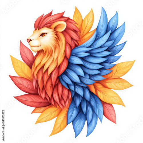 Majestic lion with colorful wings and vibrant leaves, symbolizing strength and beauty photo