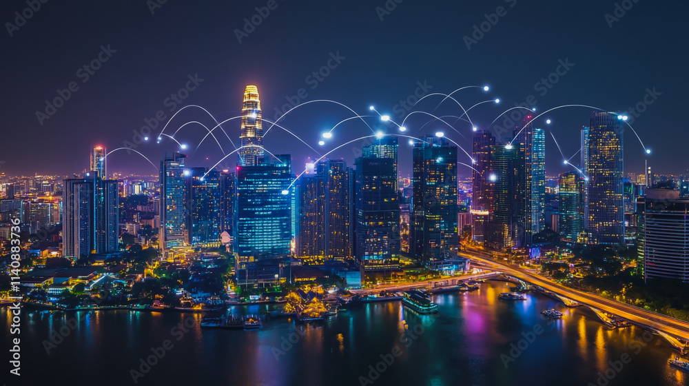 Fototapeta premium Smart digital city with connection cyber security network reciprocity over the cityscape . future smart wireless digital city and social media networking systems that connects people within the city