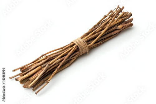 A rustic bundle of twigs tied together with natural string, showcasing the beauty of natural materials and their simple elegance in home decor or craftsmanship.