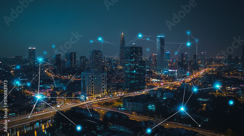 Wallpaper Mural Smart digital city with connection cyber security network reciprocity over the cityscape . future smart wireless digital city and social media networking systems that connects people within the city Torontodigital.ca
