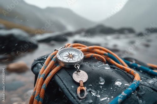 A compass resting on wet rock at the misty trailhead symbolizes adventure and exploration amidst a serene, untamed landscape. photo