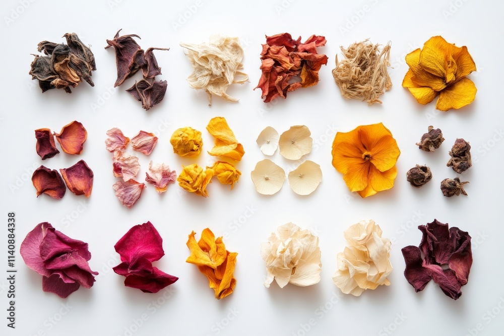 An artistic display of exotic dried petals and flowers arranged on a white surface, showcasing a celebration of color and texture in the art of floral preservation. An artistic display of exotic dried petals and flowers arranged on a white surface, showcasing a celebration of color and texture in the art of floral preservation.