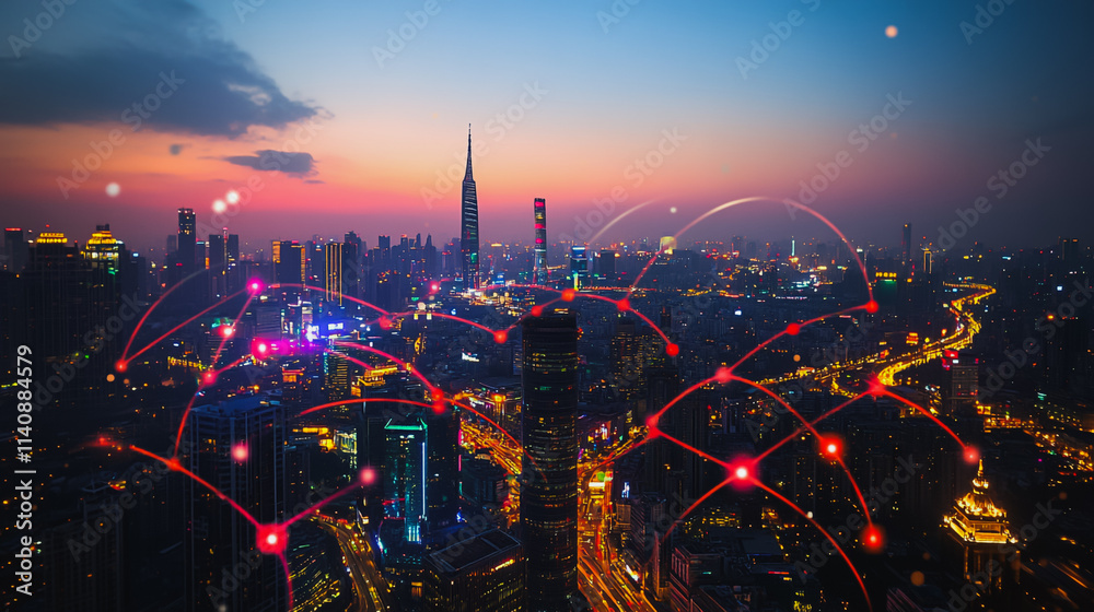 Obraz premium Smart digital city with connection cyber security network reciprocity over the cityscape . future smart wireless digital city and social media networking systems that connects people within the city