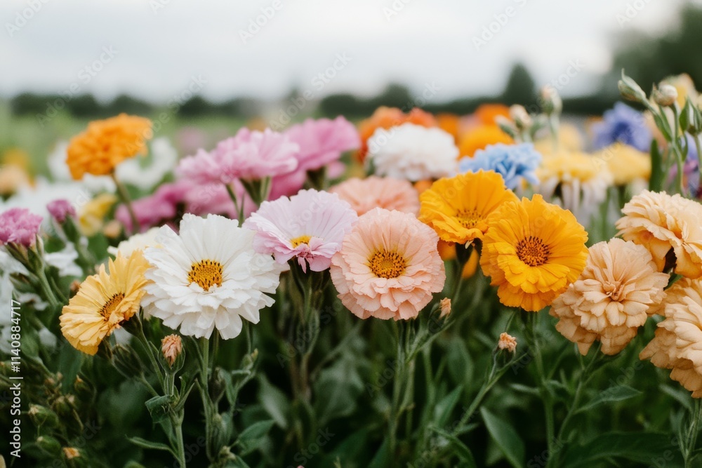 Obraz premium A bed of multicolored flowers captures the vibrancy of a garden in full swing, creating an exuberant display of nature’s beauty.