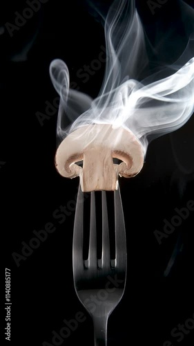 A slice of mushroom on a fork on black background