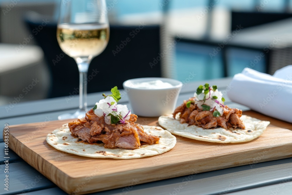 Elegant soft tacos topped with fresh herbs rest beside sauce and a glass of white wine, offering a relaxed and refined dining experience. Elegant soft tacos topped with fresh herbs rest beside sauce and a glass of white wine, offering a relaxed and refined dining experience.