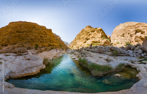 Extreme wide angle photo of Wadi Shab,Oman. photo