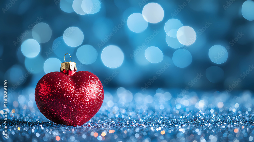 Romantic Holidays: Red Heart Ornament on Glitter Blue