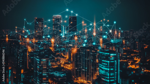 Wallpaper Mural Smart digital city with connection cyber security network reciprocity over the cityscape . future smart wireless digital city and social media networking systems that connects people within the city Torontodigital.ca