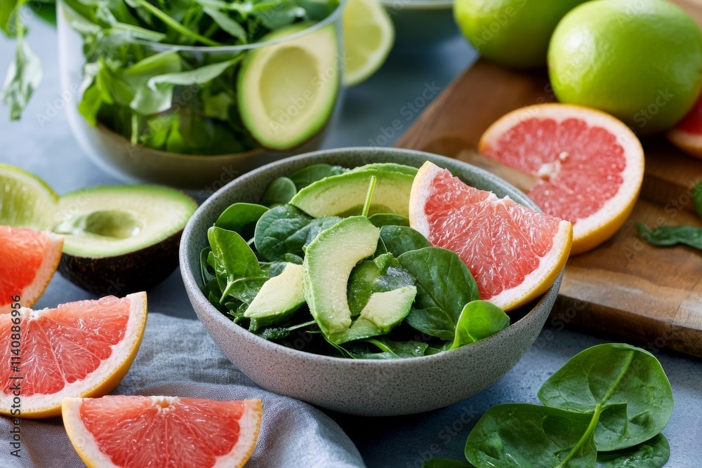 A vibrant salad featuring avocado slices and fresh spinach leaves is enhanced with juicy grapefruit wedges, creating a colorful and nutritious dish. A vibrant salad featuring avocado slices and fresh spinach leaves is enhanced with juicy grapefruit wedges, creating a colorful and nutritious dish.