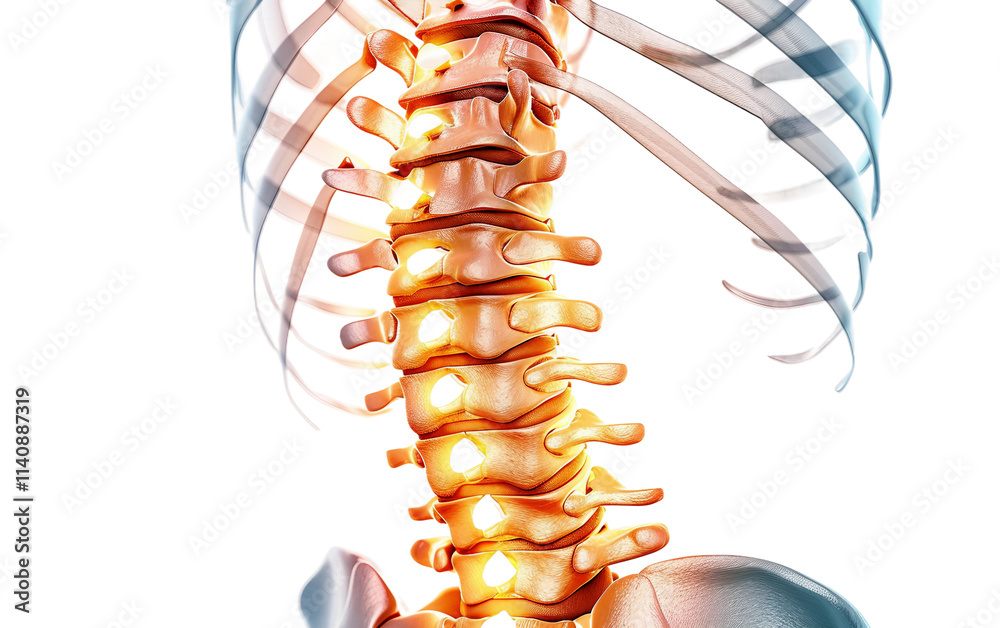 Fototapeta premium Medical Diagram Highlighting Dislocated Vertebra Isolated on Transparent Background PNG.