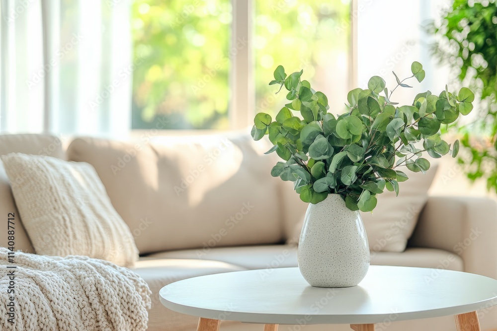 A bright and cozy living room featuring a tasteful eucalyptus centerpiece on a coffee table, surrounded by soft furnishings and warm ambient light throughout the space. A bright and cozy living room featuring a tasteful eucalyptus centerpiece on a coffee table, surrounded by soft furnishings and warm ambient light throughout the space.