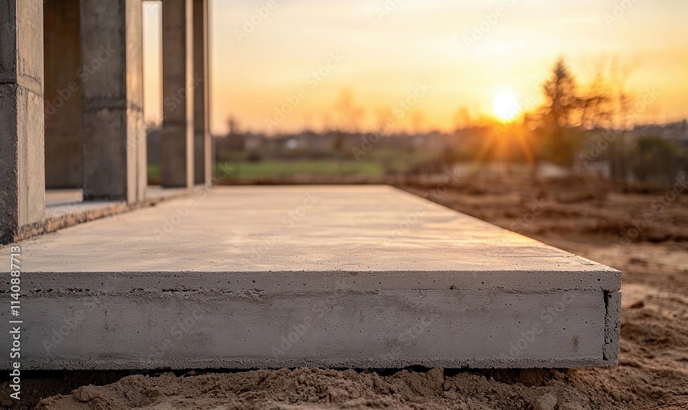 New house foundation construction with concrete slab during sunset in a rural area New house foundation construction with concrete slab during sunset in a rural area