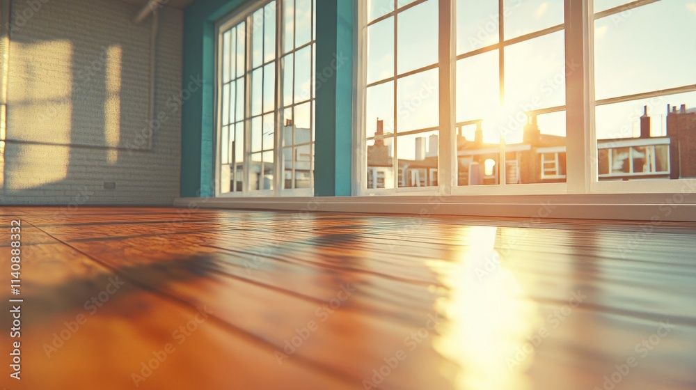 Bright, spacious room with wooden floor and large windows at sunset. Bright, spacious room with wooden floor and large windows at sunset.