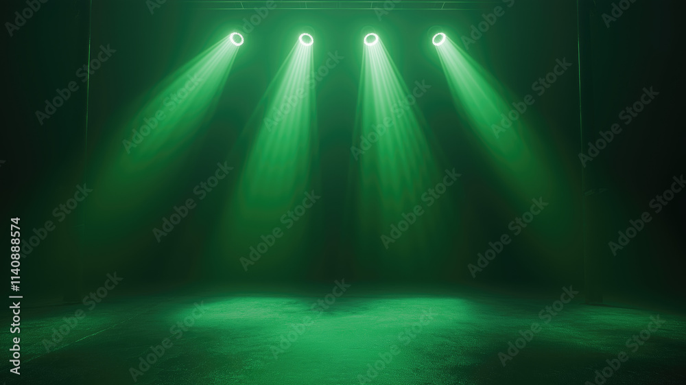 Obraz premium green spotlights shine on stage floor in dark room, idea for background, backdrop, mock up, Generative Ai