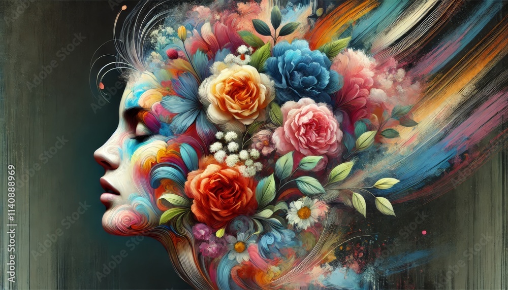 A surreal fantasy depiction of a human face of a woman blended with vibrant flowers and abstract brush strokes, symbolizing the harmony between creativity, emotion, and nature A surreal fantasy depiction of a human face of a woman blended with vibrant flowers and abstract brush strokes, symbolizing the harmony between creativity, emotion, and nature