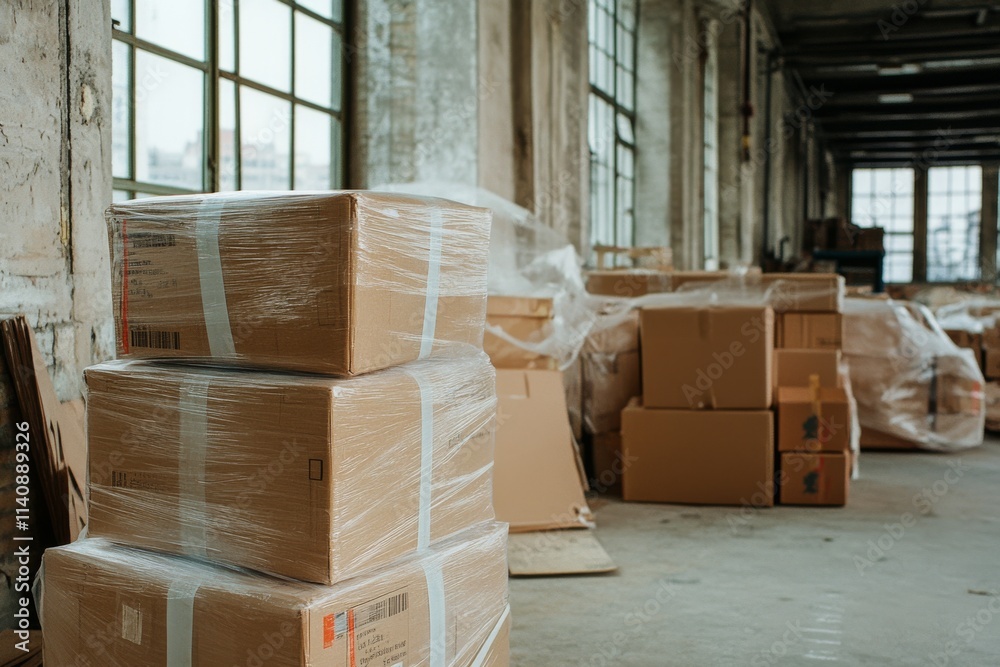 Stacked cardboard boxes in an industrial warehouse evoke a sense of logistical precision and the quiet hum of commerce awaiting movement. Stacked cardboard boxes in an industrial warehouse evoke a sense of logistical precision and the quiet hum of commerce awaiting movement.